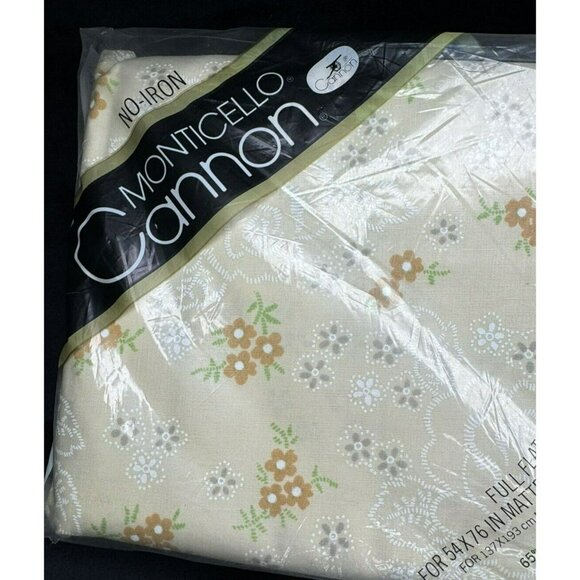 Vintage Cannon Monticello Marcelle Beige Floral Full Flat Sheet NIP S&H Green - Picture 6 of 9